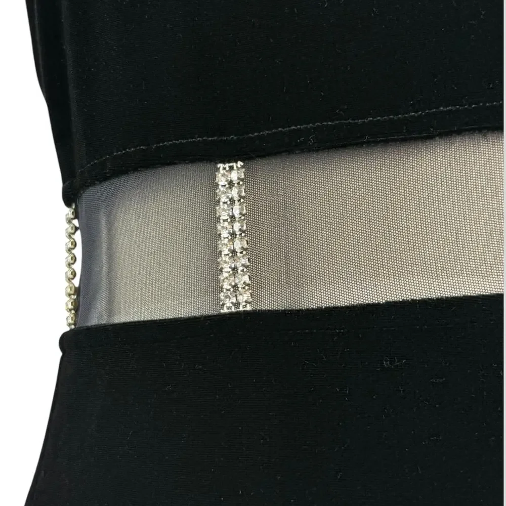 90's sexy black velvet long fitted dress with high slit and mesh crystal trim - Picture 5 of 16